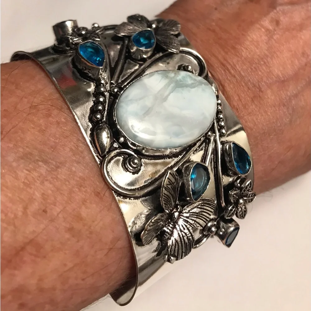 Larimar Blue Topaz Stamped Solid 925 Sterling Silver Cuff Bracelet